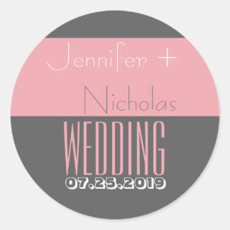 Pink | Grey Modern Typography Wedding Classic Round Sticker