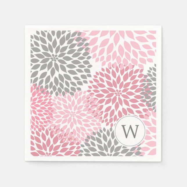Pink Grey Monogram Dahlias dinner napkins (Front)