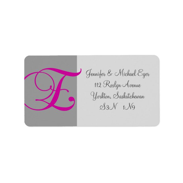 Pink Grey Monogram E Wedding RSVP Address Label #1 (Front)
