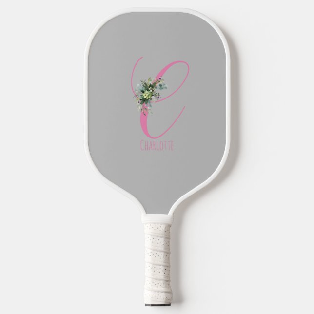 Pink grey monogram flower letter C Pickleball Paddle (Front)