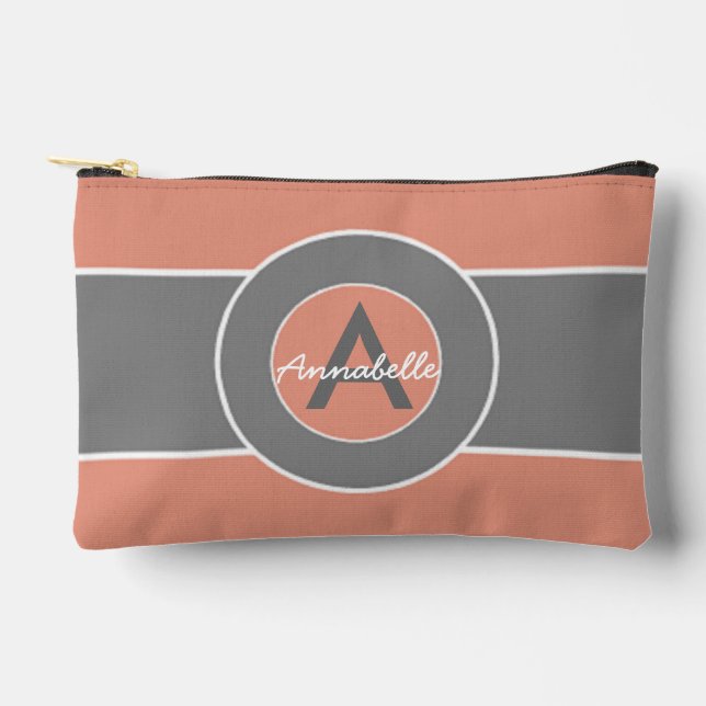 Pink Grey Monogram Personalized Accessory Pouch (Front)