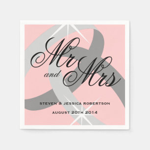 Pink grey Mr and Mrs wedding ring napkins