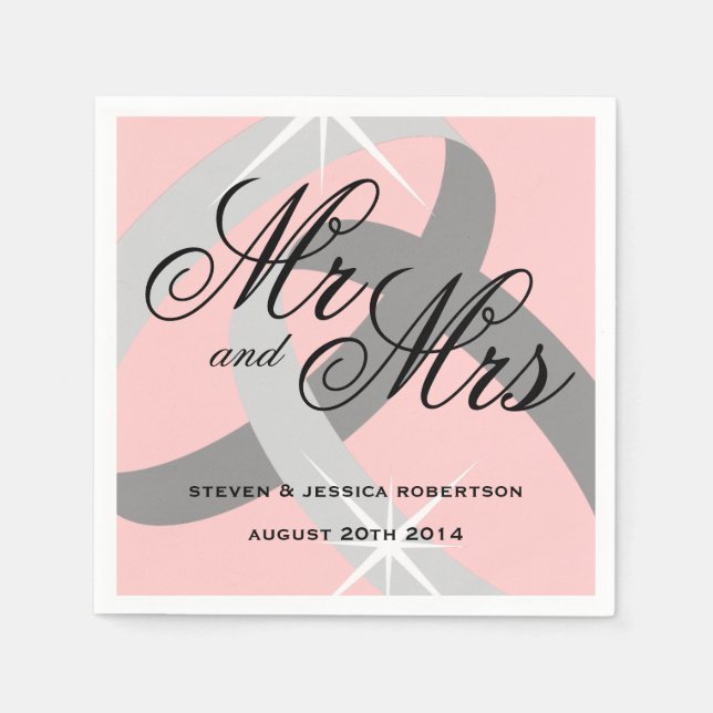 Pink grey Mr and Mrs wedding ring napkins (Front)