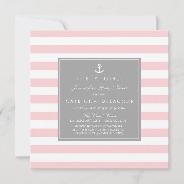 Pink Grey Nautical Stripes Baby Shower Invitation (Front)
