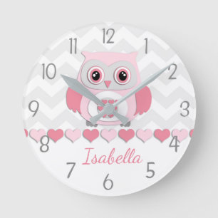 Pink Grey Owl Wall Clock