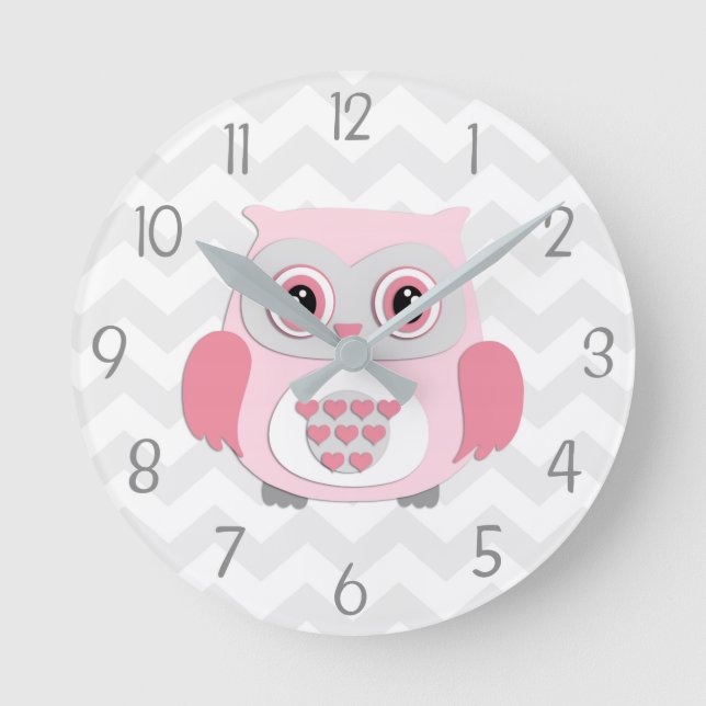Pink Grey Owl Wall Clock (Front)
