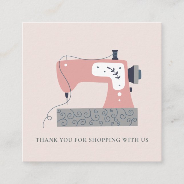PINK GREY PEACH SEWING MACHINE THANK YOU SHOPPING SQUARE BUSINESS CARD (Front)