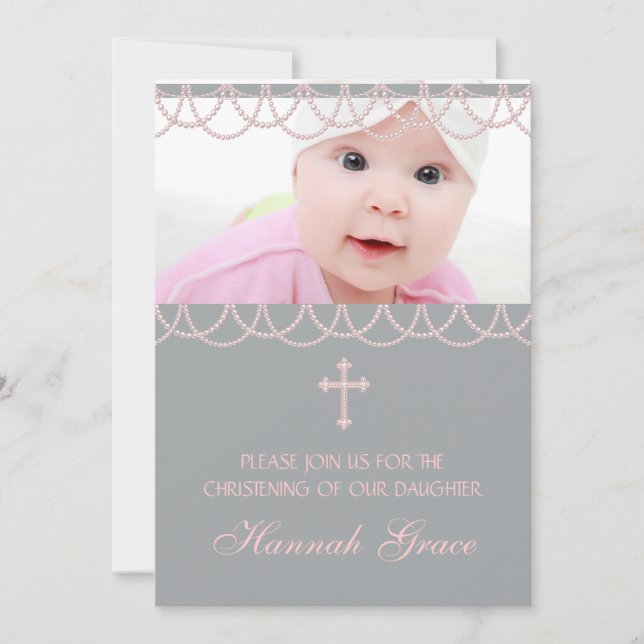 Pink Grey Pearl Cross Baby Girl Photo Christening Invitation (Front)