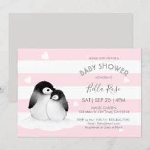 Pink Grey Penguin Baby Shower Invitations