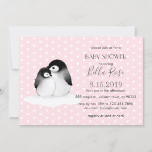 Pink Grey Penguins Hearts Baby Shower Invitation