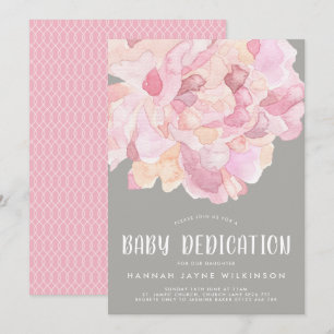 Pink & Grey Peony Watercolor Baby Dedication Invitation