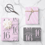 Pink Grey Personalized Custom Age Wrapping Paper Sheet<br><div class="desc">Pink and Grey birthday gift wrapping paper with editable age number and personalized name plus a diagonal stripe accent sheet for an elegant and bold birthday present display.</div>