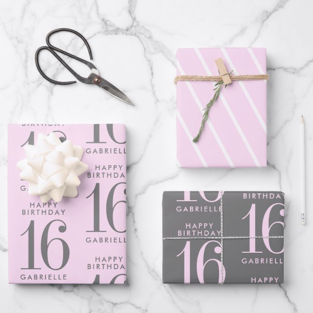 Pink Grey Personalized Custom Age Wrapping Paper Sheet (Front)