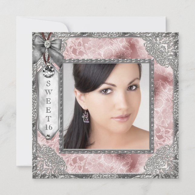 Pink Grey Photo Sweet 16 Birthday Party Invitation (Front)