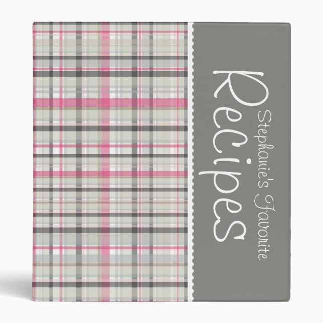 Pink & Grey Picnic Plaid Personalized Recipe Binder (Front)