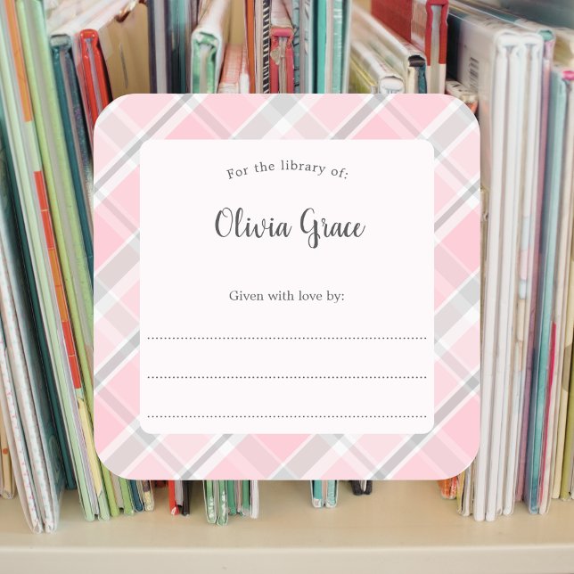 Pink Grey Plaid frame with name bookplate  Square Sticker (Creator Uploaded)