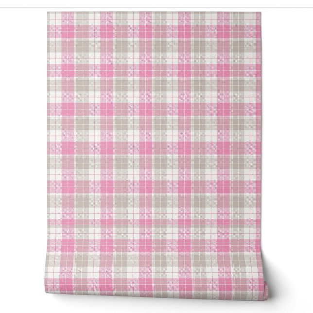 Pink Grey Plaid Modern and Vintage Style Wallpaper (Unrolling)