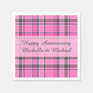 Pink Grey Plaid Tartan   Add Your Name Napkin