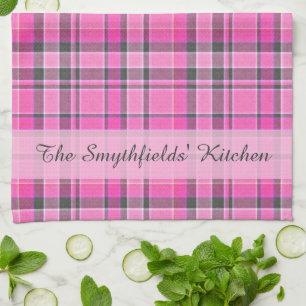 Pink Grey Plaid Tartan Personalized Kitchen Towel