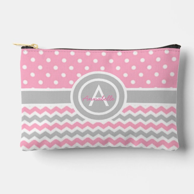 Pink Grey Polka Dot Chevron Accessory Pouch (Front)