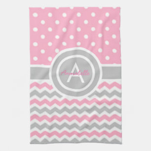 Pink Grey Polka Dot Chevron Kitchen Towel