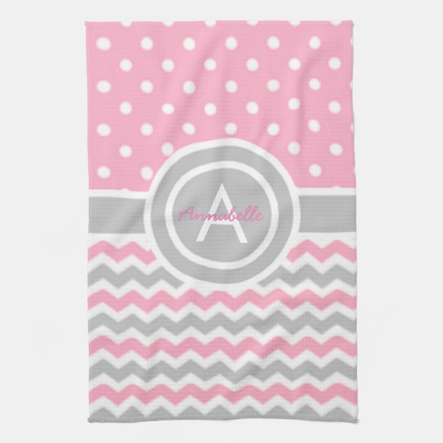 Pink Grey Polka Dot Chevron Kitchen Towel (Vertical)