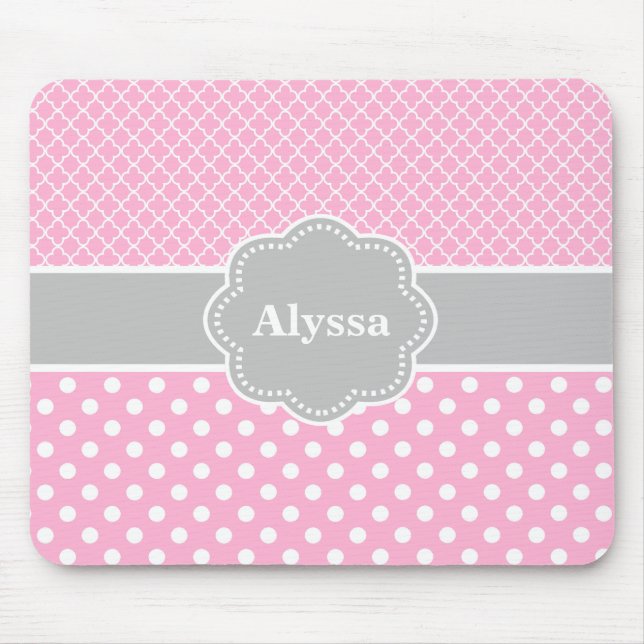 Pink Grey Quatrefoil Chevron Personalized Mousepad (Front)