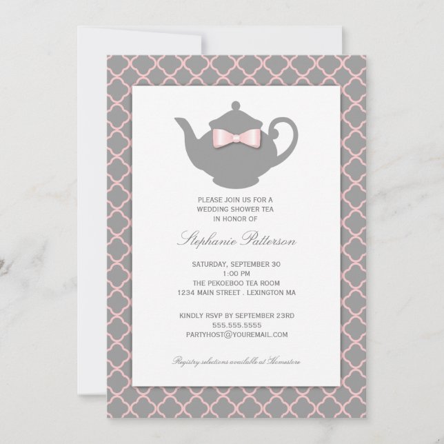 Pink + Grey Quatrefoil Wedding Tea Invitation (Front)