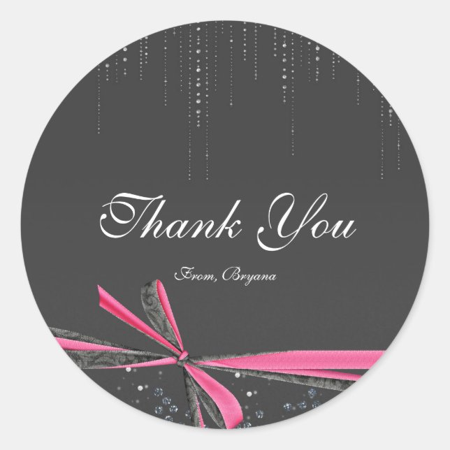 Pink & Grey Ribbon Bow Rhinestones Bling Stickers (Front)