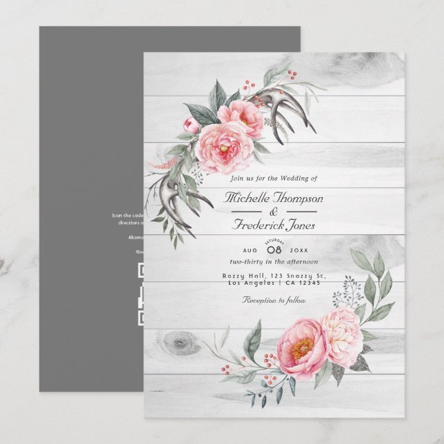Pink & Grey Rustic Bohemian Floral QR Code Wedding Invitation (Front/Back)