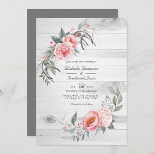 Pink & Grey Rustic Bohemian Floral QR Code Wedding Invitation