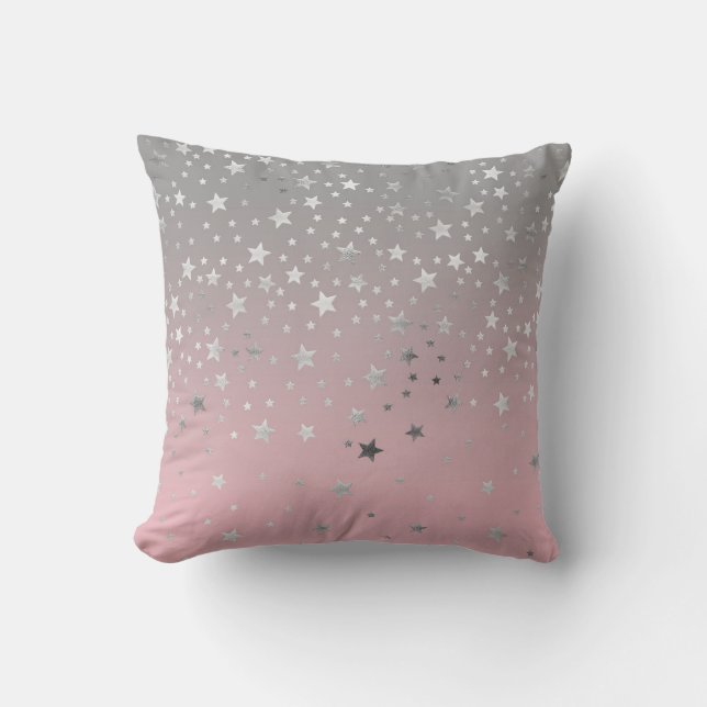 Pink Grey Silver Stars Girly Ombre Trendy Modern Throw Pillow (Front)
