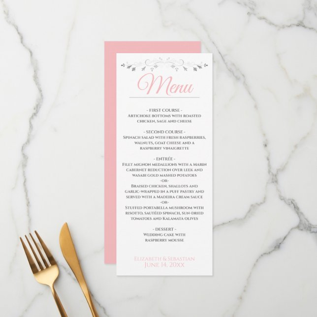 Pink & Grey Simple Elegant Wedding Menu (Front/Back In Situ)