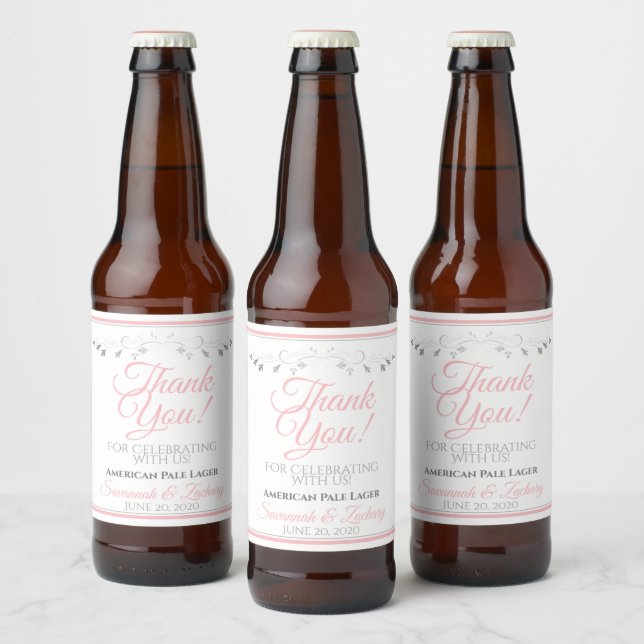 Pink & Grey Simple Elegant Wedding Thank You Beer Bottle Label (Bottles)