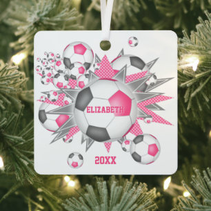 pink grey soccer ball blowout girls sports metal ornament