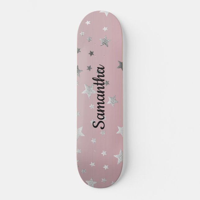 Pink Grey Stars Ombre Stylish Chic Modern Trendy Skateboard (Front)
