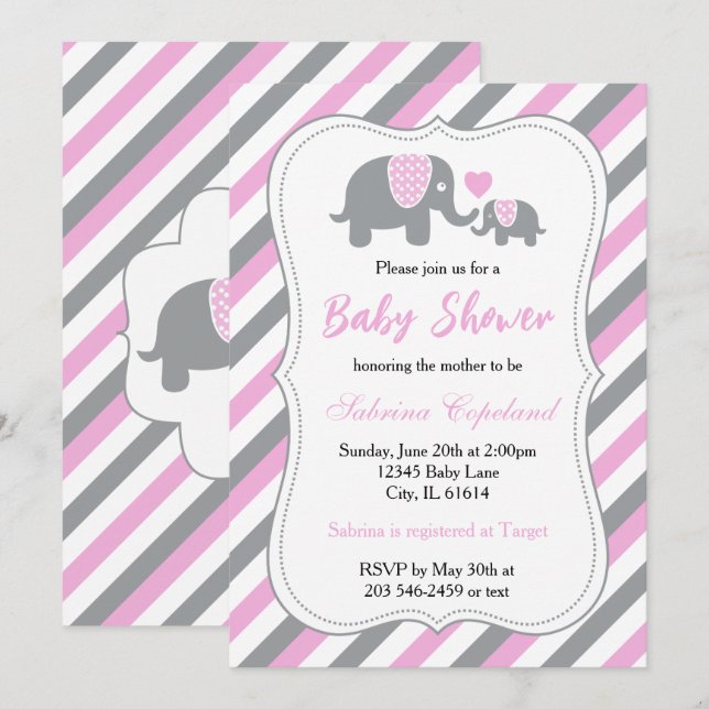 Pink & Grey Stripes Baby Elephant | Baby Shower Invitation (Front/Back)