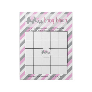 Pink & Grey Stripes Baby Elephant Bingo Notepad