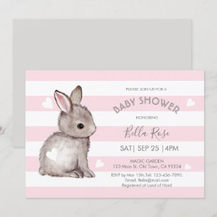 Pink Grey Stripes Bunny Heart Baby Shower Invite