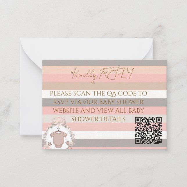 Pink Grey Stripes QR Code RSVP Card (Front)