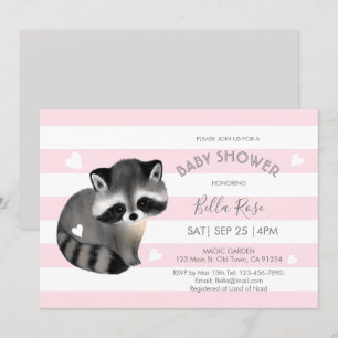 Pink Grey Stripes Raccoon Heart Baby Shower Invite