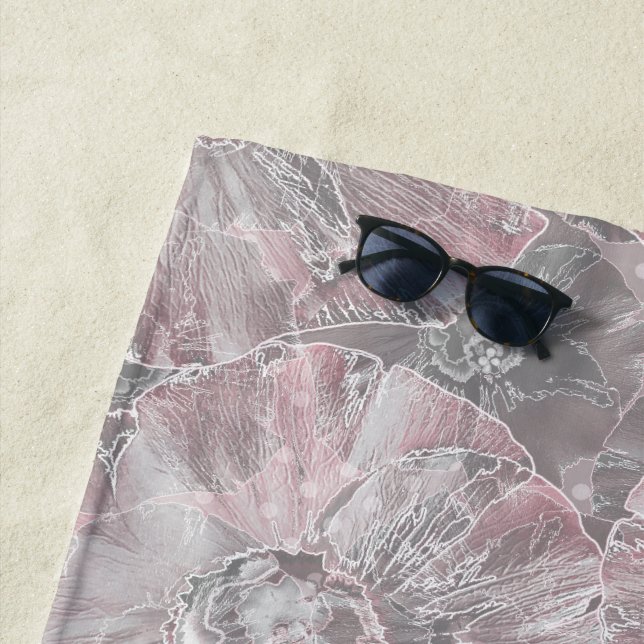 Pink grey stylish large flowers beach towel (In Situ)
