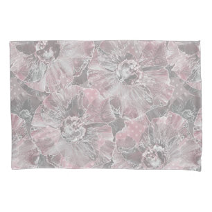 Pink grey stylish large flowers pillowcase