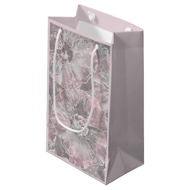 Pink grey stylish large flowers small gift bag (Front Angled)