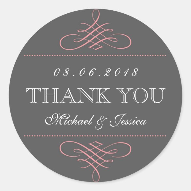 Pink Grey Swirls Ornament Wedding Stickers (Front)
