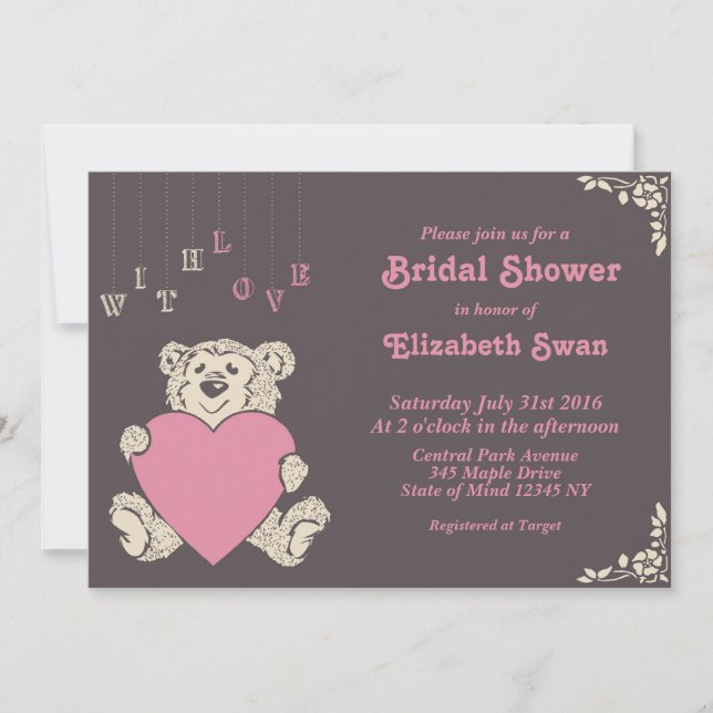Pink Grey Teddy Bear Bridal Shower Invitation (Front)