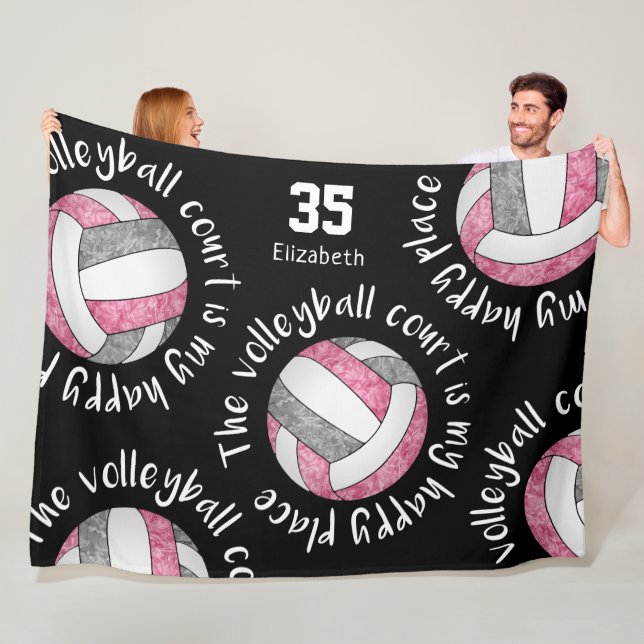 pink grey the volleyball court is my happy place fleece blanket (In Situ)