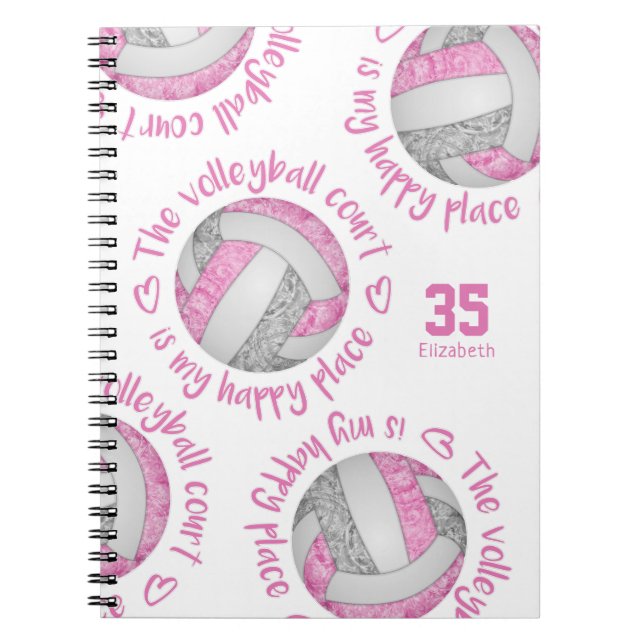 pink grey The volleyball court is my happy place Notebook (Front)