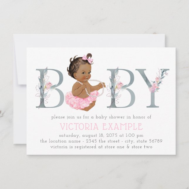 Pink Grey Tutu Ethnic Baby Girl Shower Invitations (Front)