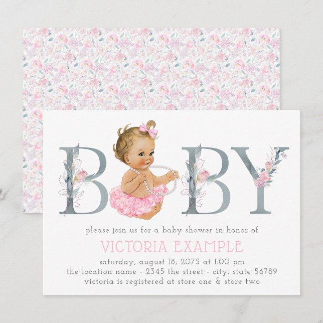 Pink Grey Tutu Pearl Baby Girl Shower Invitations (Devant / Derrière)